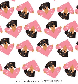 Perros de Dachshund y corazones sin fisuras de fondo de patrón. Día de San Valentín. Ilustración del doodle de dibujos animados