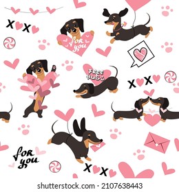 Dachshund dogs in love and hearts seamless pattern for valentine's day. Vector illustration