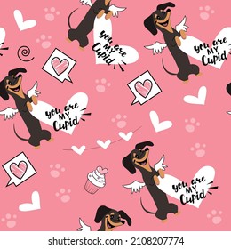 Dachshund dogs in love and hearts seamless pattern on a pink background. Valentines day Vector illustration