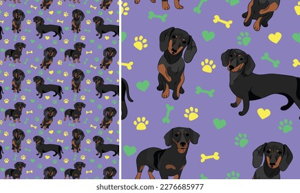 Dachshund dogs on a playful violet background with bones, hearts, paws. Funky, colorful vibe, vibrant palette. Simple, clean, modern texture. Summer seamless pattern with dogs. Birthday present, card.