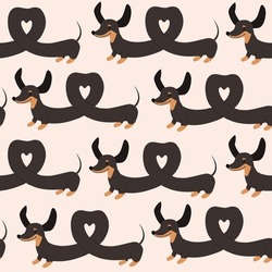 Dachshund Dogs In The Shape Of A Heart Seamless Pattern Background. Valentines Day. Vector Cartoon Doodle Illustration