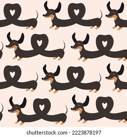 Dachshund dogs in the shape of a heart seamless pattern background. Valentines day. Vector cartoon doodle illustration svg
