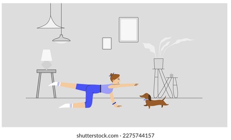 Dachshund doing yoga indoor with owner