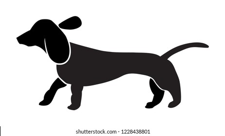 dachshund or doxie vector design in black silhouette shape, cute long wiener dog 