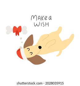 Dachshund dreaming about sweet bone. Make a wish. Illustration on white background.