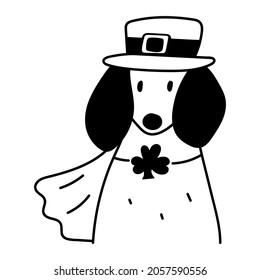 Dachshund dressed for St. Patrick's day party. Outline vector illustration on white background.