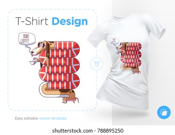 Dachshund drinking tea. Prints on T-shirts, sweatshirts, cases for mobile phones, souvenirs. Isolated vector illustration on white background.