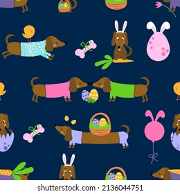 Dachshund Easter egg hunt party - Funny cartoon weiner dogs and eggs. Cute cactus, characters. Hand drawn doodle set for kids. For textiles, nursery, wallpapers, wrapping paper, clothes. svg