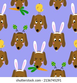 Dachshund Easter egg hunt party - Funny cartoon weiner dogs and eggs. Cute cactus, characters. Hand drawn doodle set for kids. For textiles, nursery, wallpapers, wrapping paper, clothes. svg