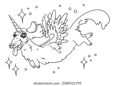 Dachshund fantasy creature - unicorn with wings - children coloring page, happy dog