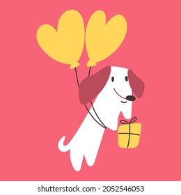 Dachshund flying on balloons with gift. Concept for Valentine's day. Illustration on red background.