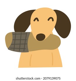 Dachshund holding slippers in mouth. Vector illustration on white background.