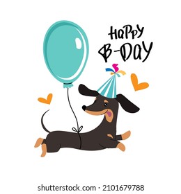 Dachshund in a hot air balloon and the inscription Happy Birthday. Vector cartoon illustration. greeting card