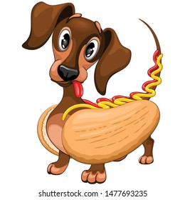 Dachshund Hot Dog Cute and Funny Cartoon Character Vector Illustration 
