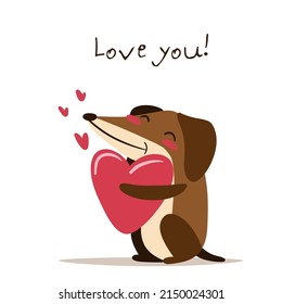 Dachshund hugs a big heart, around a smaller heart. Drawn in cartoon style. Lettering Love you. Vector illustration for designs, prints and patterns. Isolated on white background