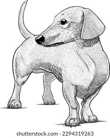 dachshund or dachshund hunting dog in black and white line art anterolateral view ready to print