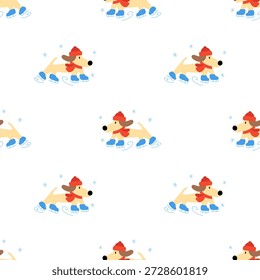 Patinaje sobre hielo Dachshund Vector de patrón sin fisuras, perro lindo en patines Niños Fondo minimalista, diseño plano juguetón