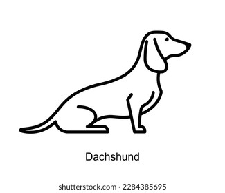 Dachshund icon. Small purebred dog sitting, side view. Breed domestic pet sign, minimalist style. Editable strokes, thin line, for label, pet shop, dogs nutrition.