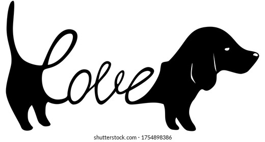 Dachshund illustration with word love inside, dog lover sign isolated black on white, cute print for t-shirts and dog clothes