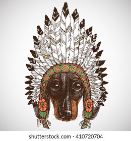 Dachshund in an Indian headdress leader. Trendy dog portrait.  Hand drawn vector illustration.