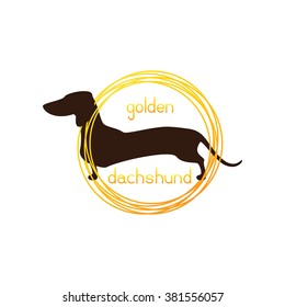 Dachshund logo template. Brown dachshund and lettering golden dachshund inside golden rings isolated on white background. Logo template, design element