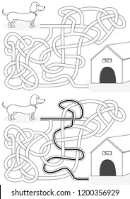 Dachshund maze for kids with a solution in black and white