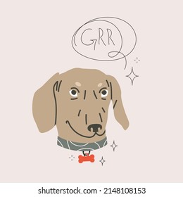 Dachshund muzzle with speech bubble vector illustration. Dog wearing collar with bone jewelry. Retro cartoon pet character isolated on grey background.