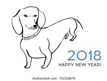 Dachshund painted by hand with black ink. Vector. Happy new year! 2018