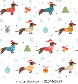 dachshund pattern. christmas seasonal template with long dog in winter knitted sweaters clothes for pets. Vector seamless background