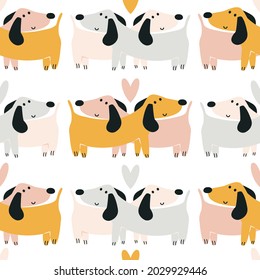 dachshund pattern. Cute couple of loving dogs. seamless baby print. Background for printing on diapers, bedding, pajamas. Background for digital paper, scrapbooking. Vector illustration, doodle