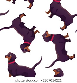 Dachshund Pattern on a White background. Hand Drawn Seamless Texture with Dog. Cute Kids Print. Vector Illustration in Cartoon Style.