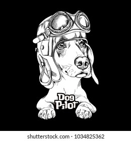 Dachshund in a pilot helmet and glasses. Vector black and white illustration.