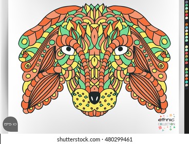 dachshund portrait . Animal patterns with hand-drawn doodle waves and lines. Vector illustration in bright colors.