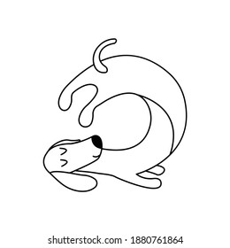 Dachshund practices yoga and meditates. Yoga dog, relaxation and sports. Vector isolated doodle illustration. Hand drawn animal black and white