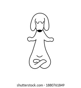 Dachshund practices yoga and meditates in lotus position. Yoga dog, relaxation and sports. Vector isolated doodle illustration. Hand drawn animal black and white