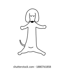 Dachshund practices yoga and meditates standing. Yoga dog, relaxation and sports. Vector isolated doodle illustration. Hand drawn animal black and white puppy