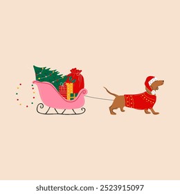 A dachshund pulls a sleigh with a Christmas tree and presents. Merry Christmas