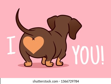 Cutе dachshund puppy dog vector cartoon illustration isolated on pink background. Funny "I love you" heart sausage dog butt design element for Valentine's day, pets, dog lovers theme. 