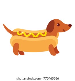 Dachshund puppy in hot dog bun with mustard, funny cartoon drawing. Cute Weiner dog vector illustration.