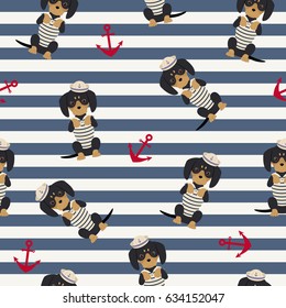 Dachshund puppy in a sailorman costume with anchors around. Vector seamless pattern.