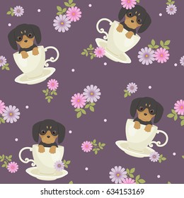 Dachshund puppy sitting in a cup with flowers around. Vector seamless pattern.