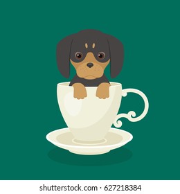 Dachshund puppy sitting in white cup. Vector art. 