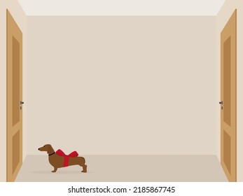 Dachshund with a red bow stands in front of a closed door