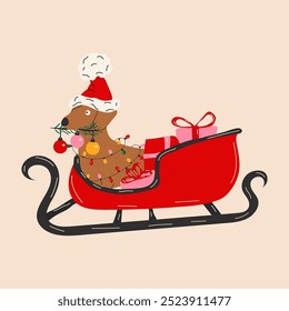 The dachshund rides in a sleigh with gifts. Merry Christmas