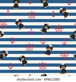 Dachshund sailor with anchors and steering wheel/hand wheel. Nautical theme. Seamless vector pattern/wallpaper. Fabric design for boys. 