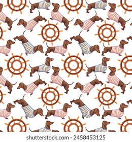 Dachshund sailor in a striped sailor suit and a helm on a white background. Marine Pattern with cute dachshund dogs. Vector background for postcard, yacht club, wrapping paper, decoration