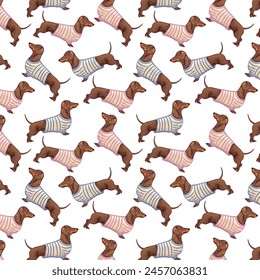 Dachshund sailor in a striped sailor suit on a white background. Marine Pattern with cute dachshund dogs. Vector background for postcard, yacht club, wrapping paper, decoration