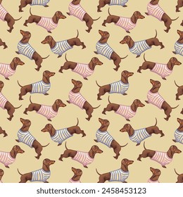 Dachshund sailor in a striped sailor suit on a beige retro background. Marine Pattern with cute dachshund dogs. Vector background for postcard, yacht club, wrapping paper, decoration