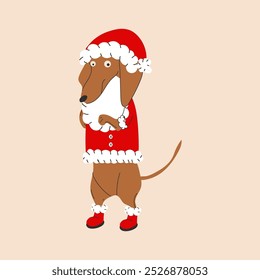 Dachshund in a Santa Claus costume with a beard. Merry Christmas