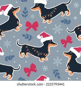 Dachshund in Santa's hat. Cute festive seamless pattern of dogs and winter elements. Hand-drawn vector illustration in trendy colors.